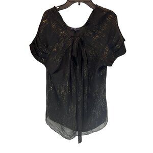 Gap Black Sheer Metallic Gold Accent Blouse Large Short Sleeve Party Holiday Top